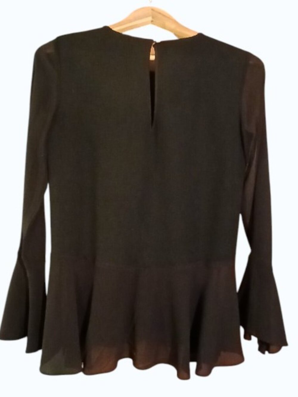 THEORY Black Long Sleeve Wool Peplum Sheer Sleeve/Hem Blouse - EUC - Picture 5 of 11